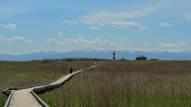 北海道の雪山と春のはまなすの丘公園
