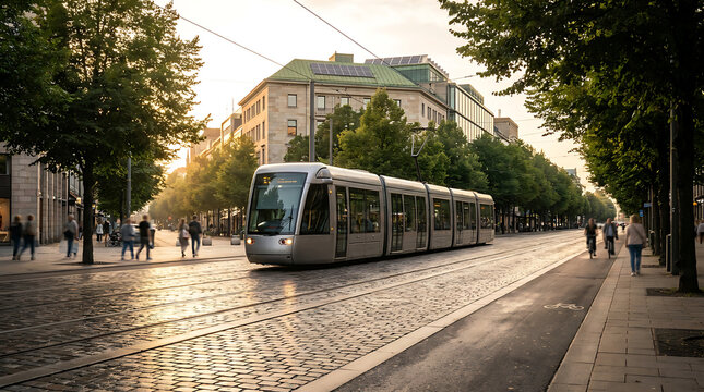 Modern tramway scene in a vibrant European city at sunset.