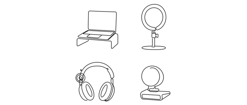 Workspace essentials for remote home office vector icon set with editable stroke including laptop riser ring light headphones and external web camera symbols collection of 4 icons for web