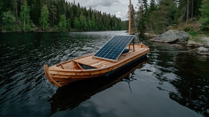 Obraz premium Boat with solar panels floats on a serene lake surrounded by a dense green forest.