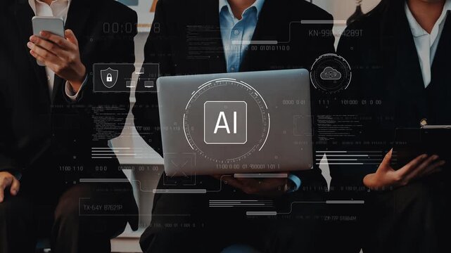 Professionals engage with laptops showcasing artificial intelligence interfaces in a modern office, symbolizing digital transformation and innovative collaboration. Raster