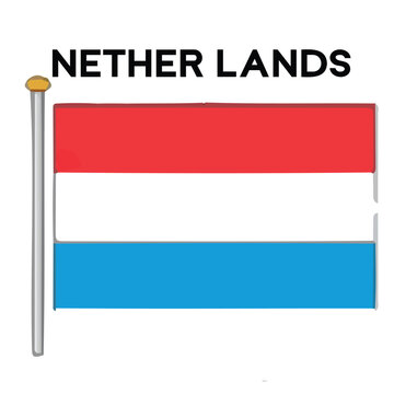 A graphic illustration of a flag with red, white, and light blue horizontal stripes on a pole, with the text 'NETHER LANDS' above it.