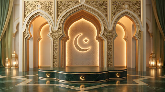 Luxurious Islamic interior arch with crescent moon, golden ornaments and elegant stage podium for Ramadan and Eid background design