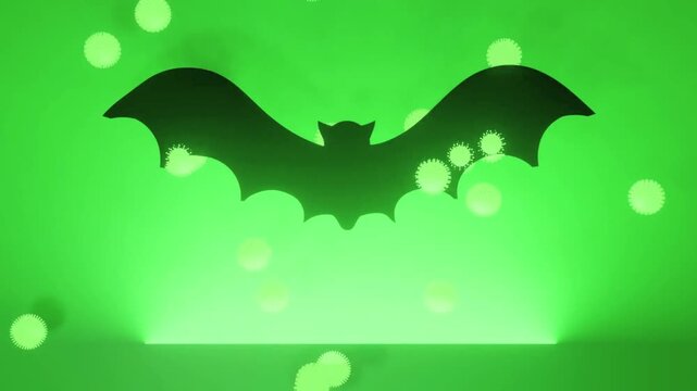 Silhouette of a bat emitting glowing virus particles on a toxic green background representing zoonotic disease transmission.