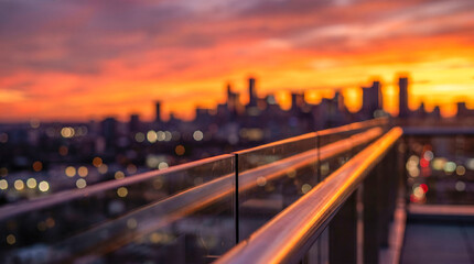 Naklejka premium Glass balcony railing reflecting golden sunset light showing beautiful blurred modern city skyline view with glowing bokeh lights representing peaceful urban evening