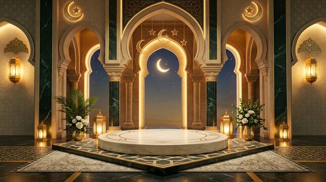 Grand Islamic interior with arches, crescent moon, glowing lanterns and central podium stage in luxurious Ramadan background setting
