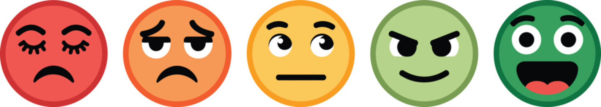Mood rating icon vector, emotional rating scale with five face expressions for user feedback satisfaction survey and UI experience evaluation.