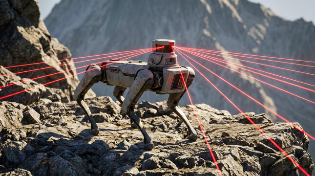 Mechanical robot dog exploring rugged mountain terrain emitting red scanning laser beams futuristic automated quadruped machine artificial intelligence outdoor security surveillance technology