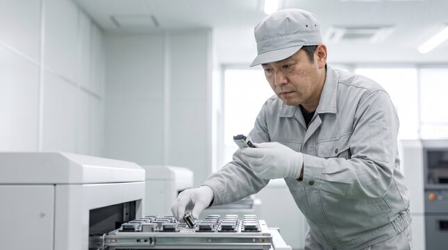 日本人製造業の40代男性スタッフが精密機器の電子部品を専用ラックへ慎重に収納している作業風景、白い作業着での品質点検と広々とした工場背景