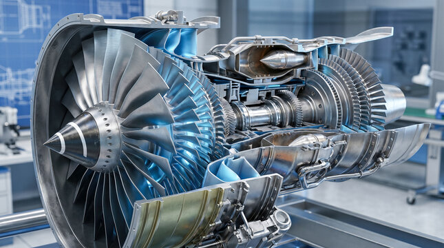 Detailed cross section modern aircraft jet engine turbine displaying complex internal metallic machinery parts factory background aerospace industry engineering science technology concept