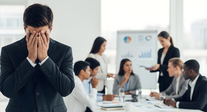 Young Businessman Looking Stressed While Colleagues Discuss Charts in Meeting Room