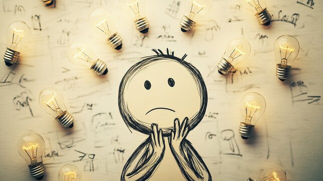 A sad hand drawn stick figure character appearing overwhelmed by many glowing light bulbs around him