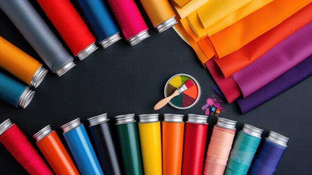 Vibrant Rolls of Fabric and Color Palette on Black Background for Crafting and Design Inspiration