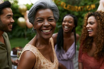 Fototapeta premium Senior woman enjoying social gathering with friends outdoors