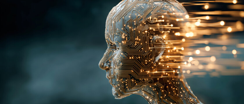 Profile of a human head features circuit patterns and glowing rays, illustrating themes of artificial intelligence and advanced technology in a digital style