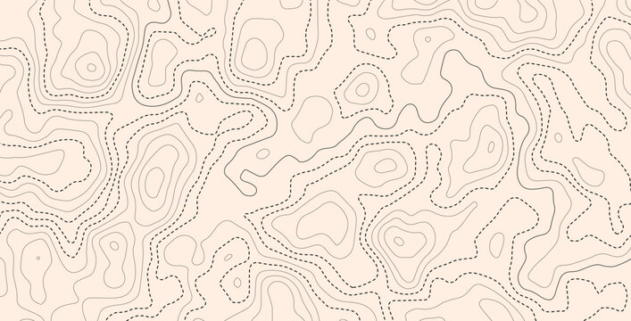 Vector illustration. Abstract light topographic map background with contour lines. Retro style line patterns, navigation pin markers, and dashed trail routes on a textured beige paper background