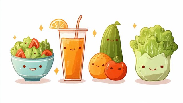 Cute Fresh Vegetable and Fruit Characters with Juice in Glass on White Background