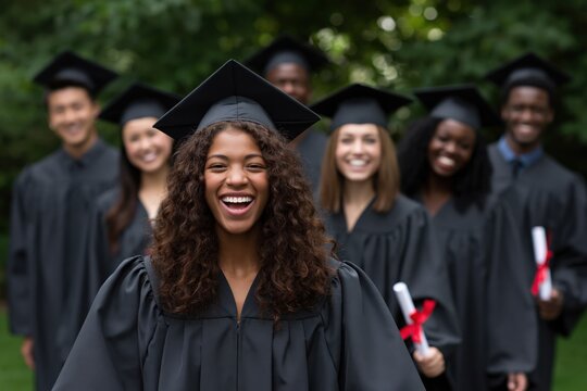 Graduating student wearing mortarboard with cohort outdoors