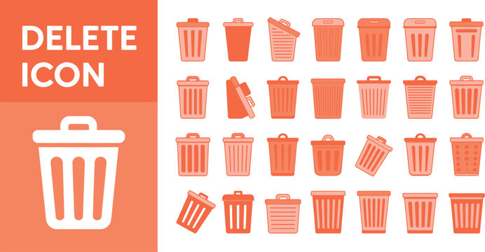 Delete icon set, minimalist trash bin and remove button icons for file deletion data management and digital cleanup interface design.