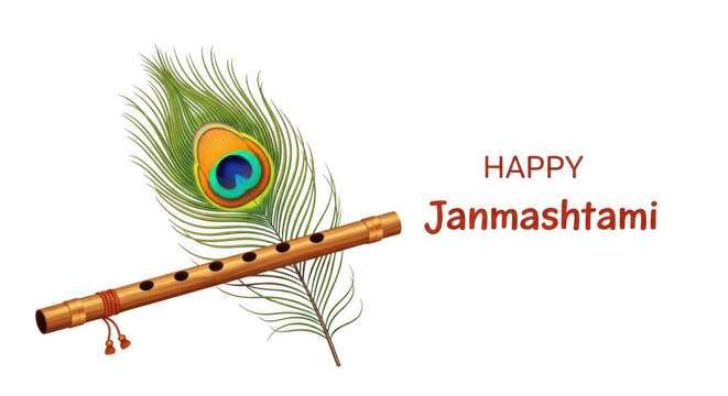 Happy janmashtami greeting card design with a traditional bamboo flute and a colorful peacock feather illustration