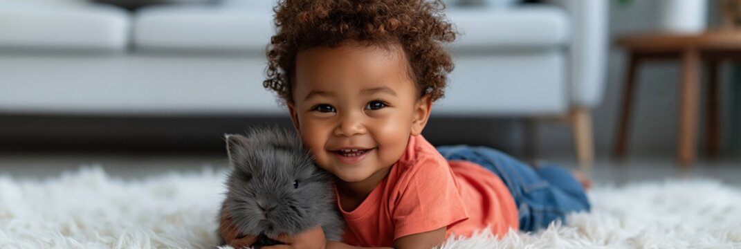 Toddler boy smiling beside rabbit on white shag rug at home