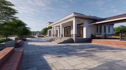 Fototapeta premium Modern architecture design of a building exterior with steps, landscaped area, and a beautiful sky background