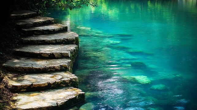 Rustic stone steps built along the edge of a vibrant turquoise pool for peaceful outdoor walking