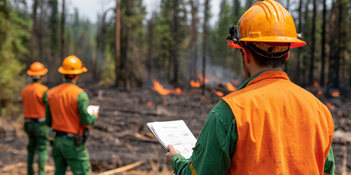 Firefighters in protective gear monitor and assess a forest fire scene, coordinating efforts to control and extinguish the wildfire.