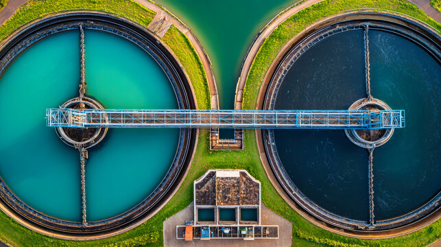 The view shows two large circular tanks at a water treatment facility with different colored water and a bridge connecting them across the center