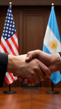 official handshake of two parties against the background of the state flags of the usa and argentina in a classic meeting room, a symbol of international partnership and diplomacy