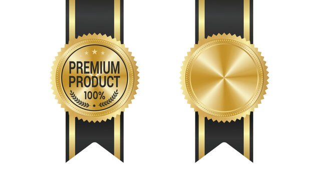 Premium quality gold badge label seal ribbon award set vector illustration for best business product guarantee