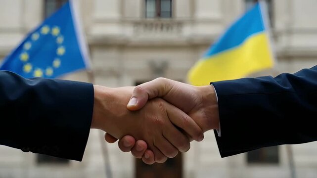 handshake of representatives of european union and ukraine against background of flags in front of official building symbol of international partnership and political dialogue