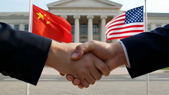 handshake between representatives of china and the usa against the background of national flags and a classical building. concept of global partnership, diplomatic compromise and cooperation.