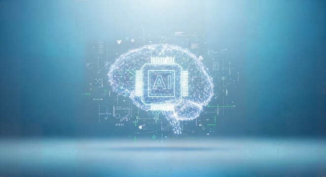Digital brain with AI chip in luminous network against soft blue gradient background concept technology innovation