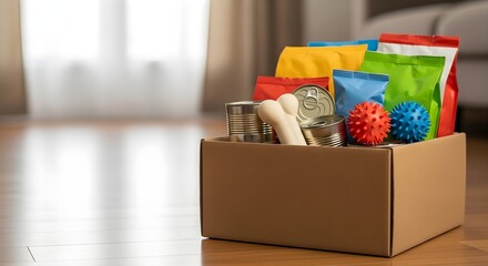 Fototapeta premium Box Full of Pet Food and Toys for a Beloved Companion