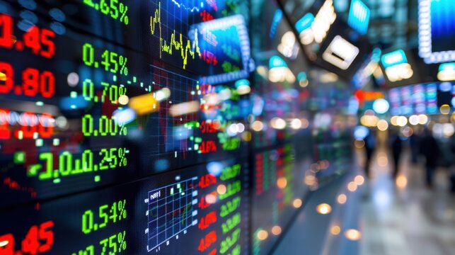 Stock Market Trading Data Display with Financial Indicators, Colorful Graphs and Digital Information Board in Modern Finance Environment