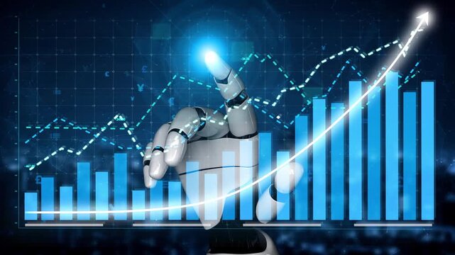 A futuristic robot hand points at a digital graph, illustrating growth and advanced technology trends in data visualization and analysis for modern enterprises. Copula