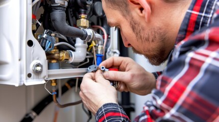 Fototapeta premium Skilled technician repairing plumbing equipment in a residential setting with focus on detailed workmanship and tools in use