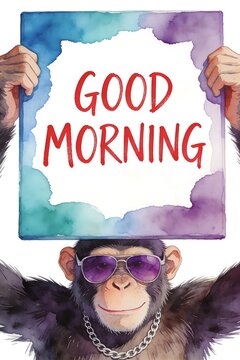 Cool chimp wearing sunglasses holds Good Morning sign, fun watercolor animal greeting card art.