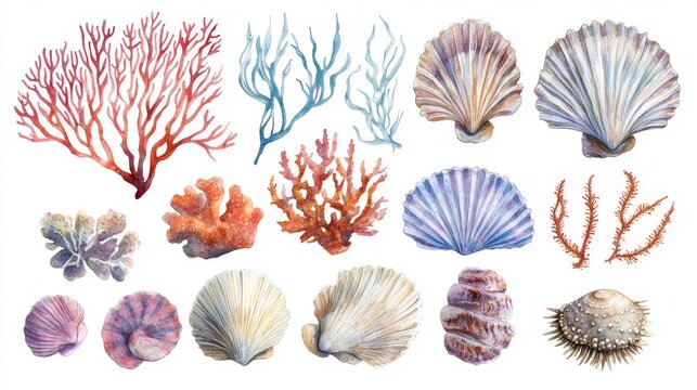 Artistic underwater element collection with branching coral structures, seaweed strands, round sea urchins and scallop shells, painted in watercolor style