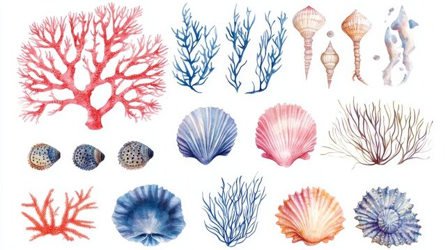 Artistic underwater element collection with branching coral structures, seaweed strands, round sea urchins and scallop shells, painted in watercolor style