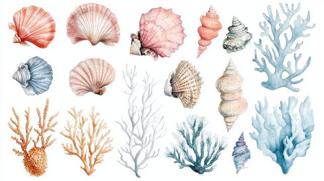 Watercolor sea decor pack featuring coral reef fragments, soft-hued seashells, marine algae and decorative sea urchins on white background
