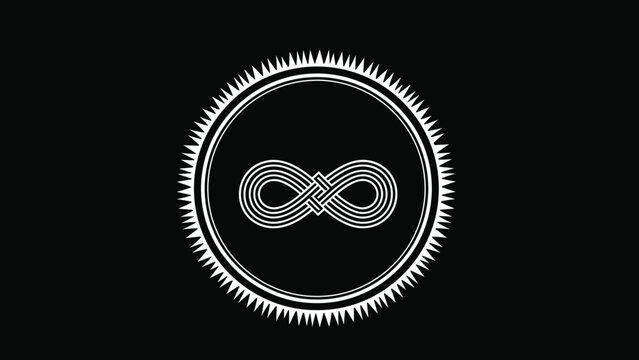 Mystical white infinity symbol centered within a spiked sun circle on a solid black background for abstract design.