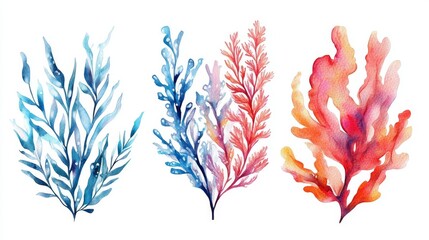 Fototapeta premium Artistic watercolor set of underwater foliage and reef coral branches, perfect for beach or marine-themed print and decor