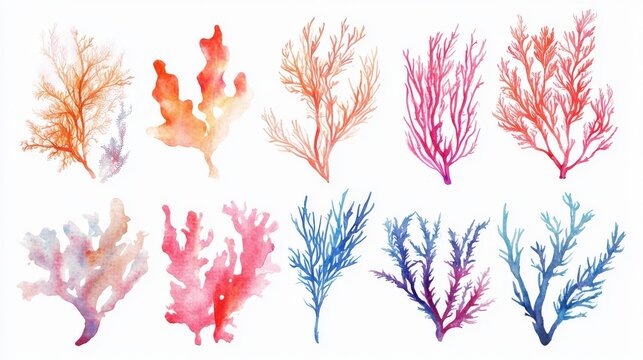 Artistic watercolor set of underwater foliage and reef coral branches, perfect for beach or marine-themed print and decor