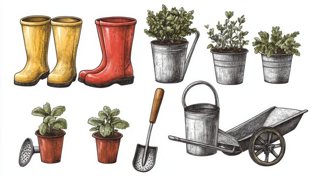 Vintage hand-drawn style vector collection of rubber boots, potted seedlings, metal watering cans, and a classic wheelbarrow isolated on white