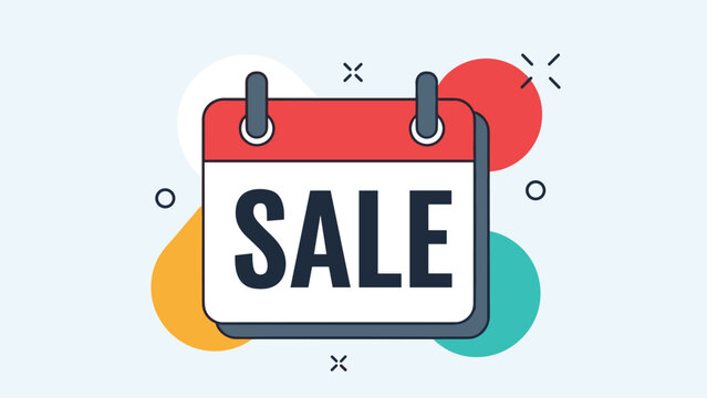 Red and white calendar icon with the word SALE written across it, set against a colorful abstract background to promote shopping events.