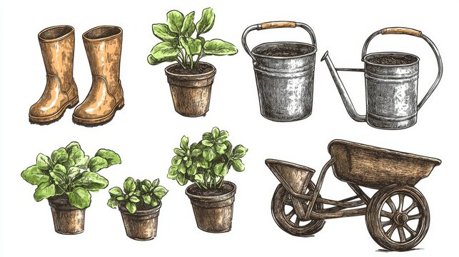 Vintage hand-drawn style vector collection of rubber boots, potted seedlings, metal watering cans, and a classic wheelbarrow isolated on white