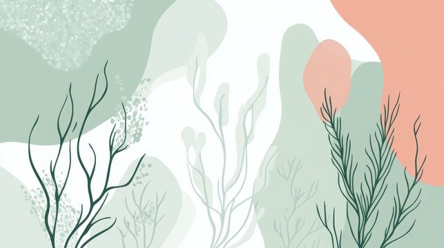 Minimalist vector graphics of seaweed silhouettes with abstract geometric curvature, pastel green and coral colors