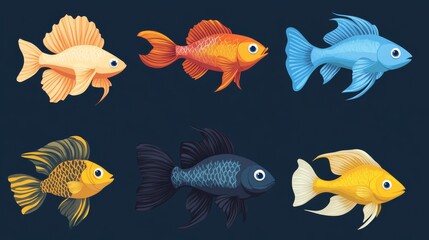Fototapeta premium Cartoon-style vector set of colorful room aquarium fishes with detailed fin patterns, including barbs and cockerel fish